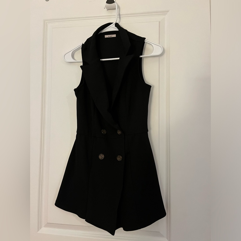 Black size, small romper, zipper, and buttons